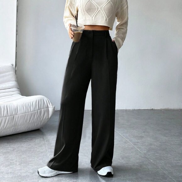None Pants - 💚 Black High Waist Wide Leg Elegant Trousers – Size M-L